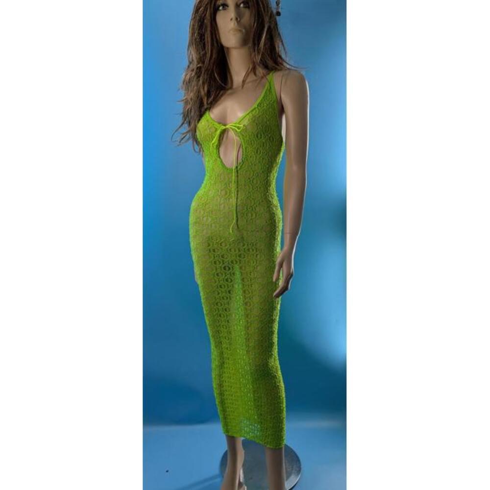 Vibrant Vintage‎ LEG AVENUE  Neon Green Crochet Maxi Dress new